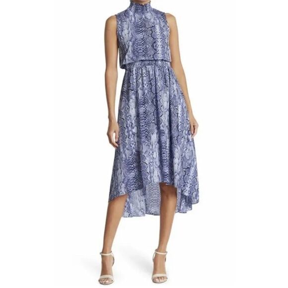 NWT NANETTE LEPORE Blue Snakeskin Print High-Low Sleeveless Smocked Midi Dress - Picture 1 of 16